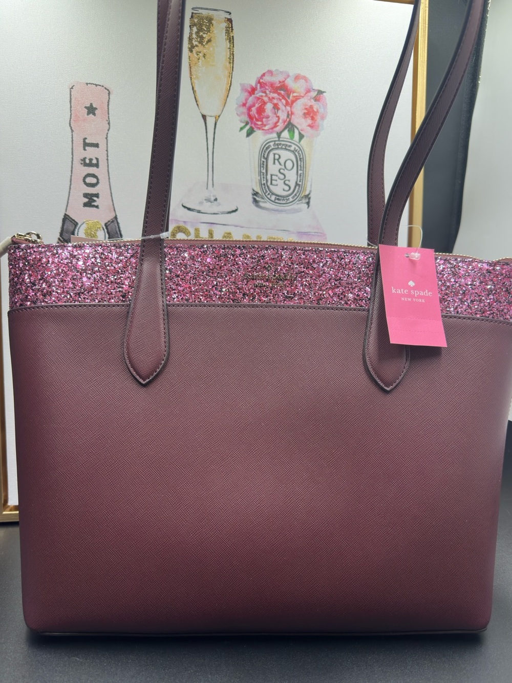 NWT DOADE Plum Tote with Pink Glitter Trim